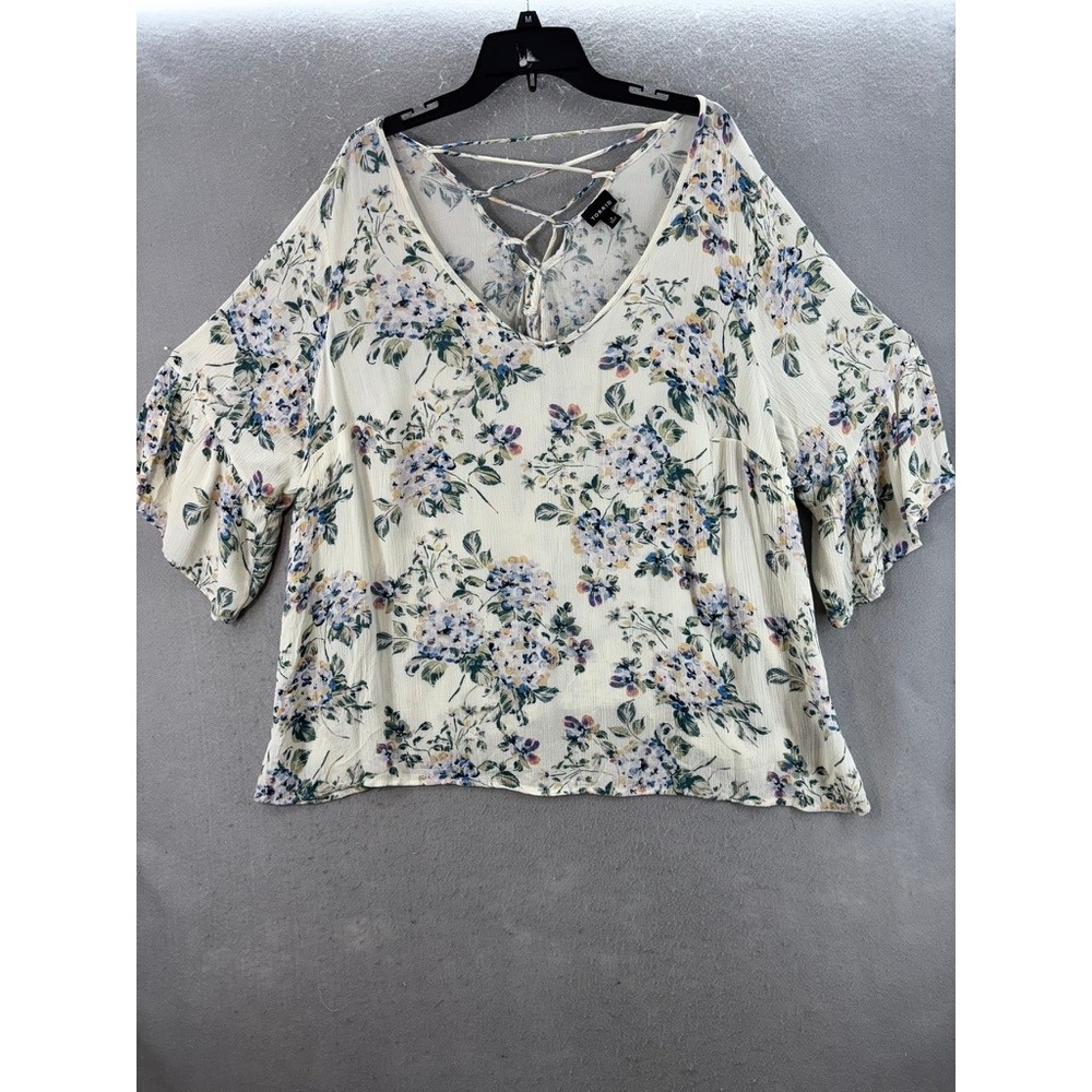 Torrid Shirt Sz 4X Floral Ruffle Sleeve Ivory Lace Up Back Cottagecore